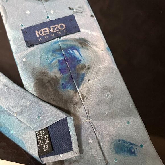 Kenzo Silk Tie Mens Necktie Blue Hand painted Abstract Art Neckwear Upcycle OOAK - Picture 2 of 4